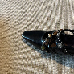 Genuine Leather Flat Shoes Square Toe Mary Jane Style Shoes Bead Decoration Comfortable Loafers Shoes