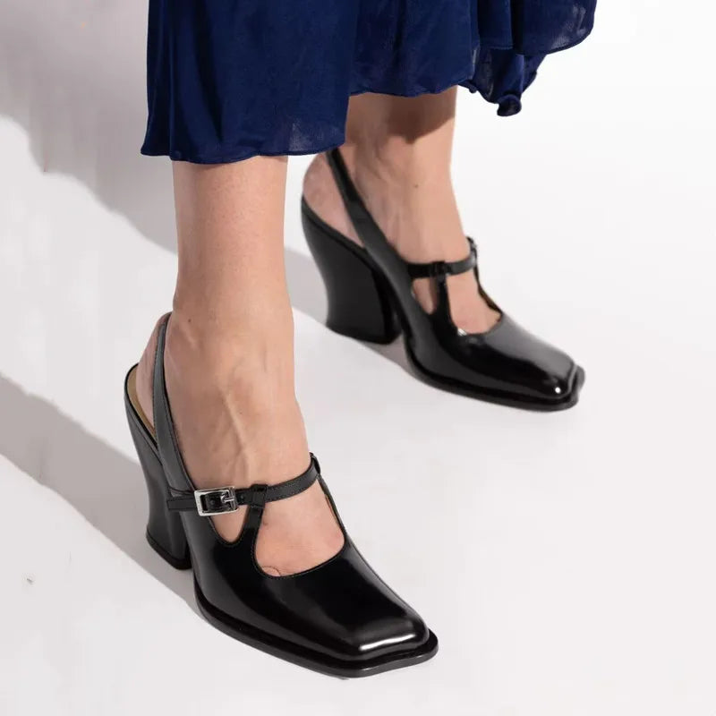 Black Patent Leather Mary Janes Slingbacks Wave Toe Chunky High Heels Office Lady Daily Shoes