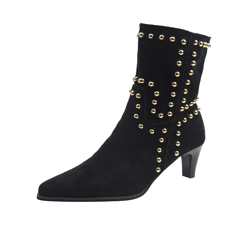 Street Style Pointed Toe Ankle Boots Slip On Square Heels Shoes Modern Short Booties