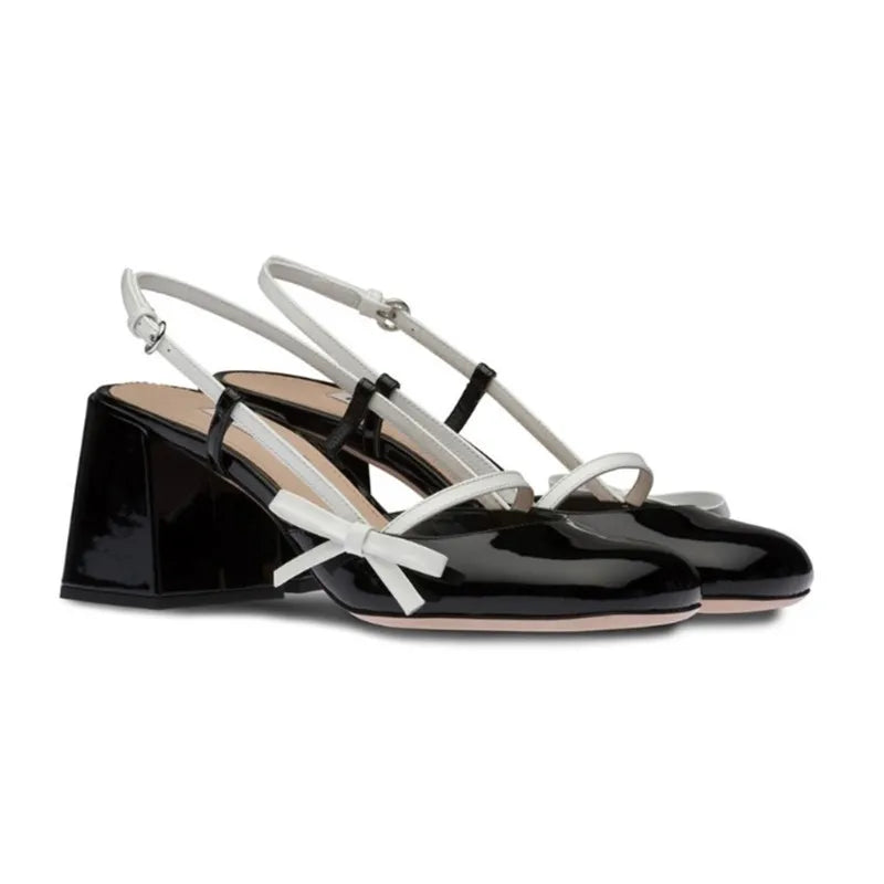 Mary Jane Shoes Retro High Heels Thick Heels Colored Round Head Bow Back Empty Sandals