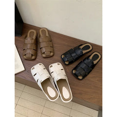 Slippers Shoes Low Slides Cover Toe Pantofle Fretwork Heels Flat Rubber PU Fabric Hoof Shoes Wo