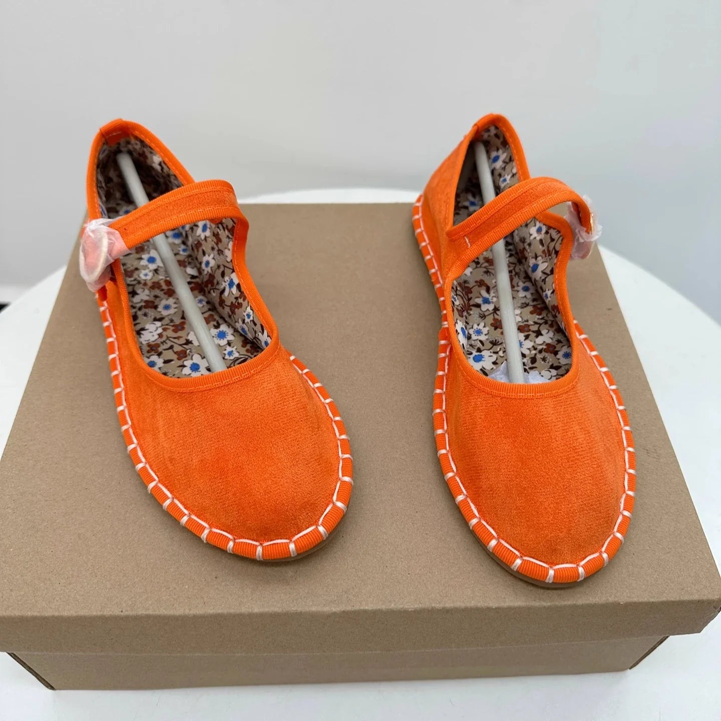 Floral Print Insole Velvet Flats Shoes Hand Stitching Elegant Mary Jeans Shoes Round Toe Ballets Flats Footwear