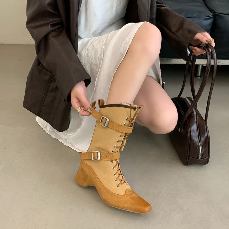 Yellow Cowboy Boots Lace Up Belt Buckle Block Heels Mid-calf Western Boots Vintage Shoes Black Botas Mujer