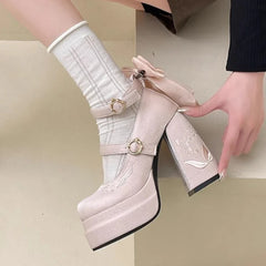 Pink Lolita High Heels Pumps Cute Bow Round Ankle Straps Chunky Platform Mary Jane Shoes Embroidered Heels