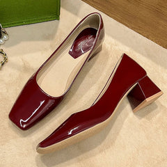 Solid Japanned Leather Pumps Woman Block High Heels Shoes OL Dress Work Escarpins Femmes Tacones Mujer