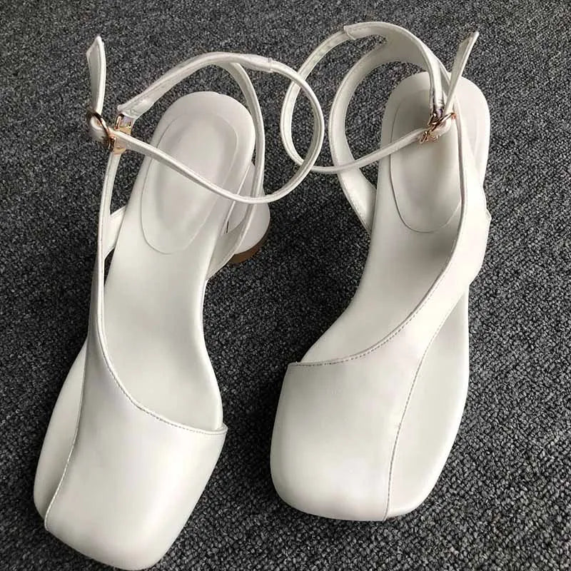 Leather Sandals Square Toe Ankle Strap Chunky Heel Elegant Party Evening