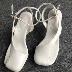 Leather Sandals Square Toe Ankle Strap Chunky Heel Elegant Party Evening