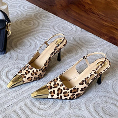 Shallow Pointed Toe Leopard Print Thin High Heels Stripper Party Slingbacks Shoes