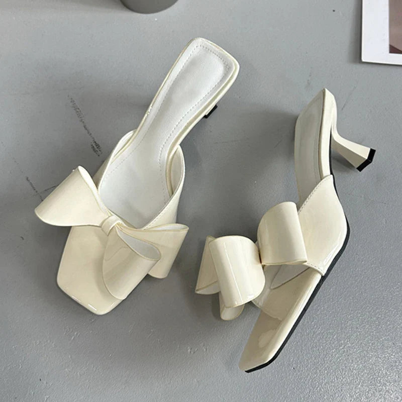Patent Leather Butterfly Knot Slippers Square Toe Low Thin Heels Mules Slides Shoes Size 39