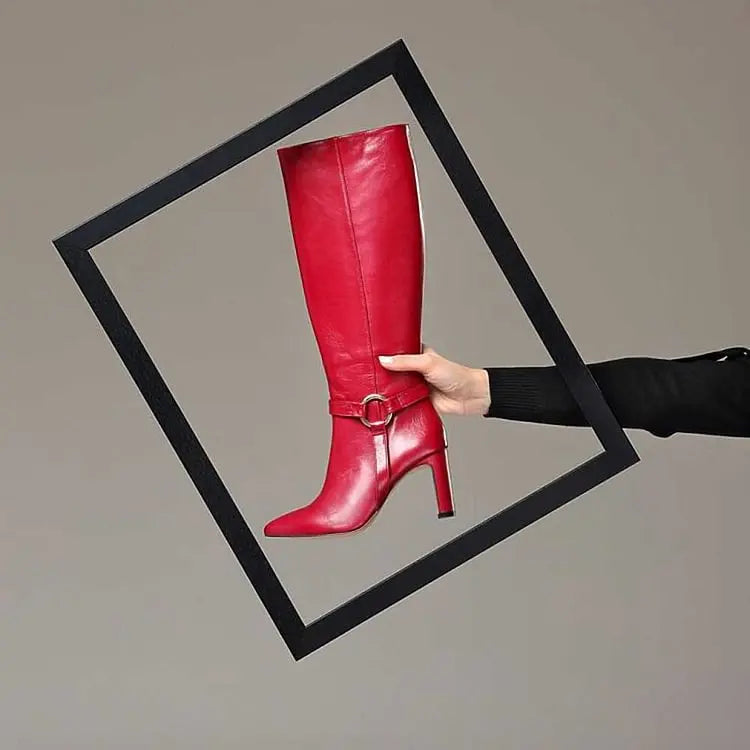 Burgundy Pointed Toe Heeled Knee High Boots with Ring Buckle Arrival