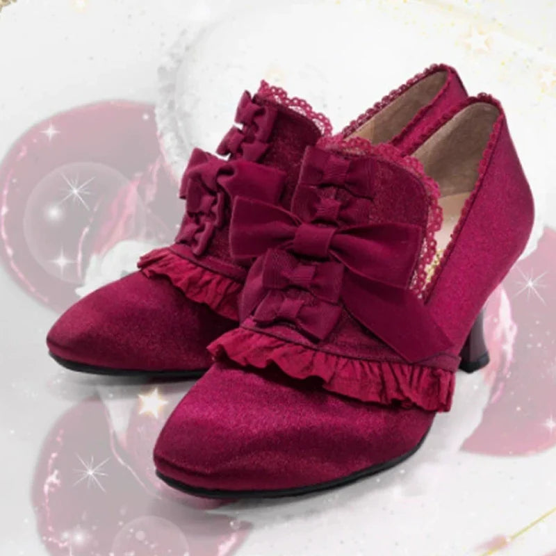 Lace Bow Pink Slip-On Cat Heel Pumps Woman Lolita White Lace Girl Cute Soft High Heels Shoes