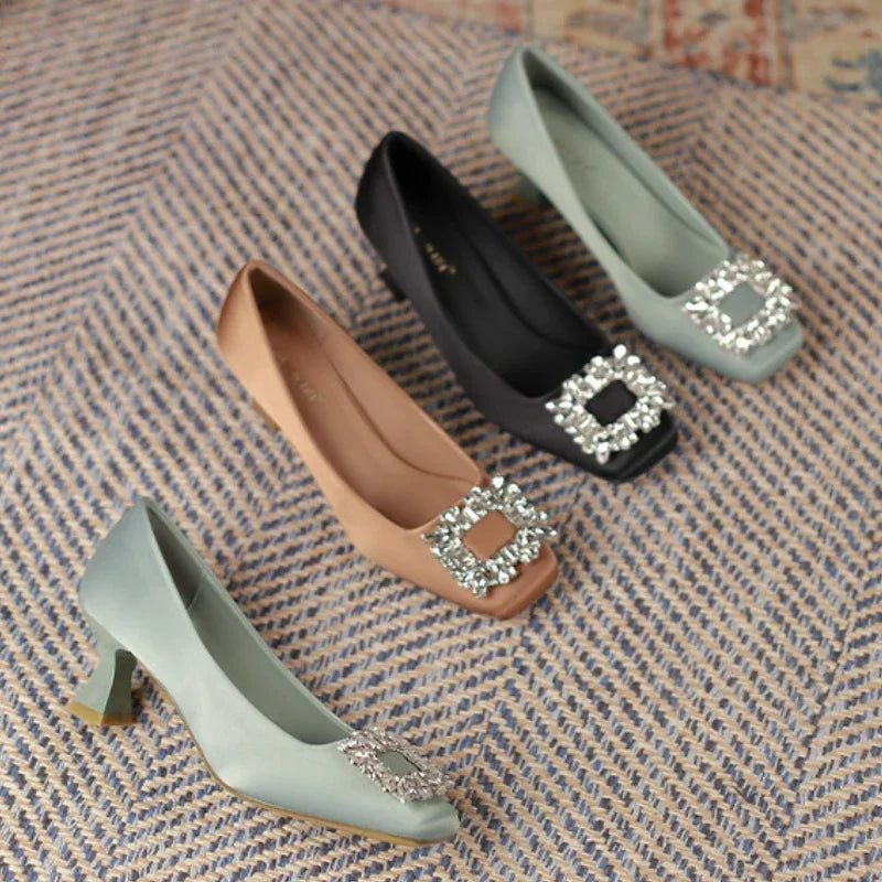 Rhinestone Satin Pumps Square Button Low Heel Office Shoes Elegant Crystal High Heels