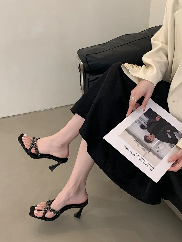 Street Style CRYSTAL Narrow Band Slippers Woman Open Toe Thin High Heels Sandals Stripper Party Slides Shoes
