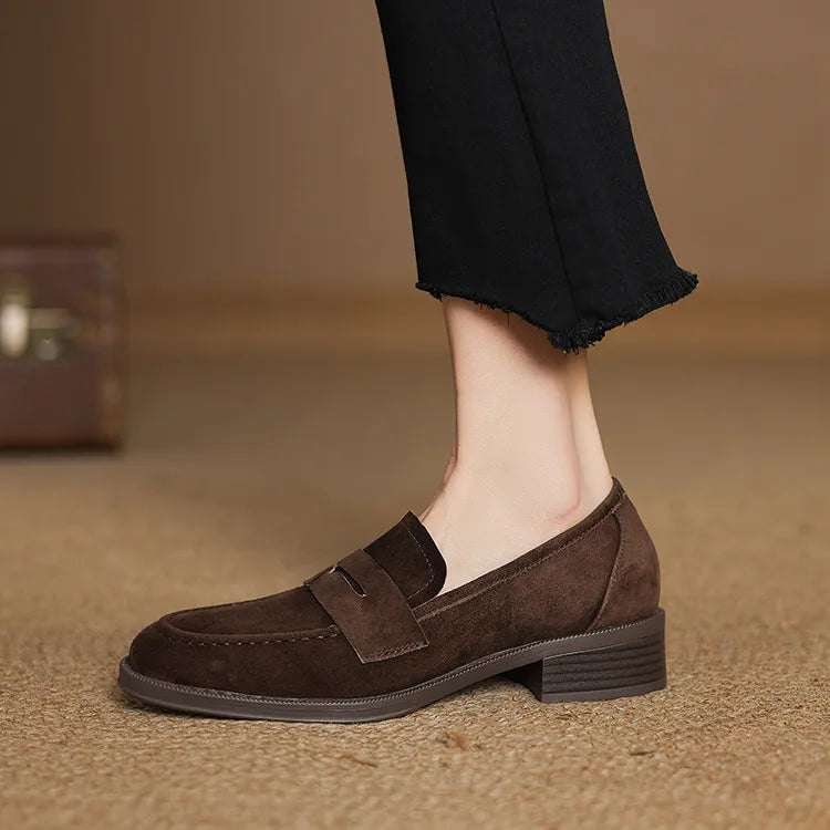 Kid Suede Penny Loafers Handmade Leisure Slip-on Creeper Flats Brown Size 34-43