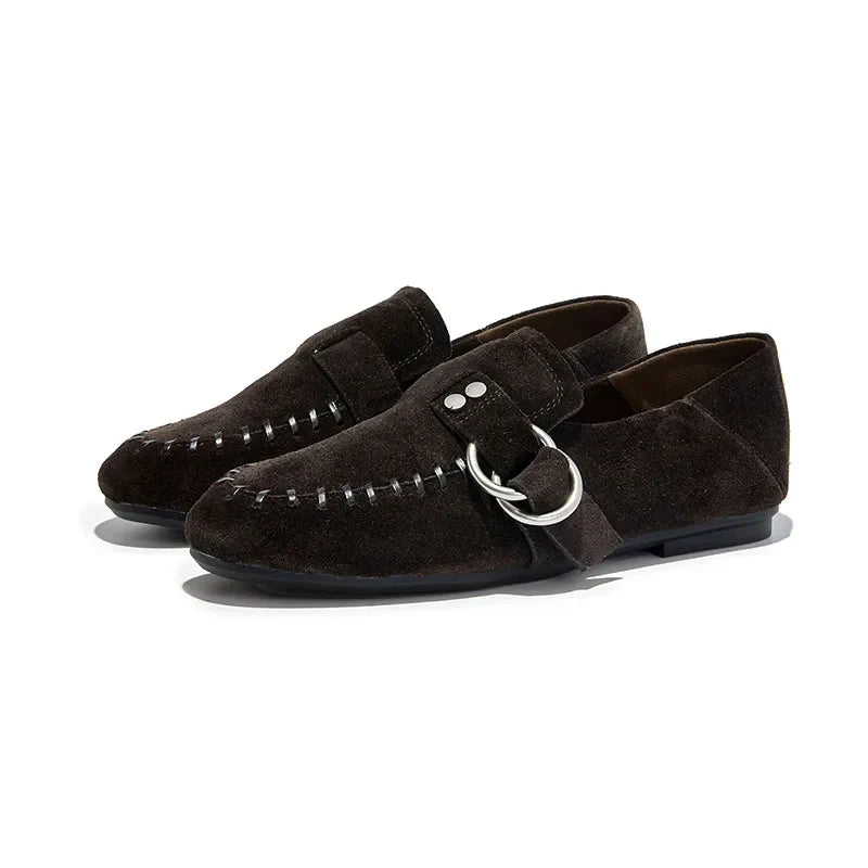 Genuine Leather Flats Metal Buckle-Decorated Suede Loafers Light Comfortable Cow Suede Shoes