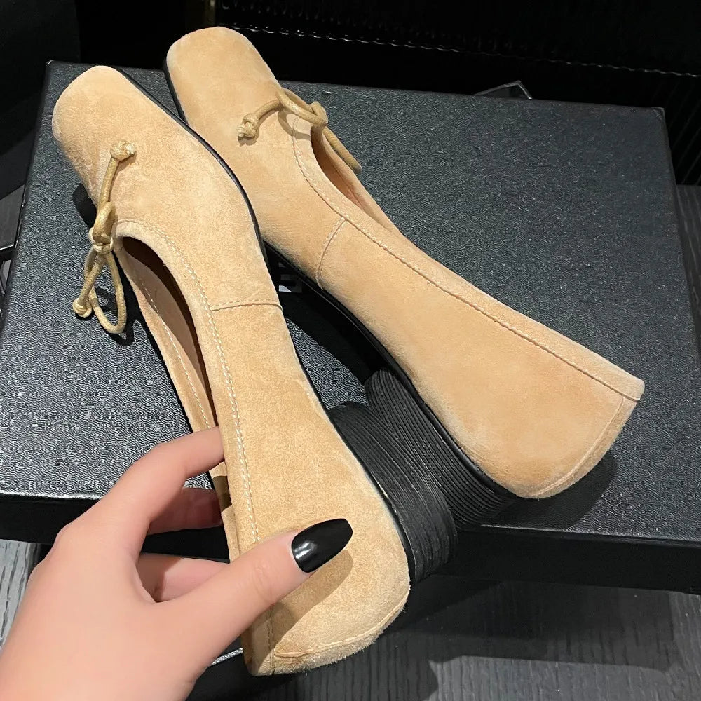 natural suede leather square toe slip-on ballet flats sweet bowtie casual ballerians soft comfort shoes