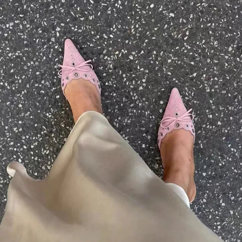 Suede Bow Cutout Pointed Toe Slippers Stiletto High Heels Metal Decorative Elegant Shallow Mules Shoes
