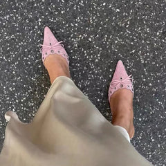 Suede Bow Cutout Pointed Toe Slippers Stiletto High Heels Metal Decorative Elegant Shallow Mules Shoes