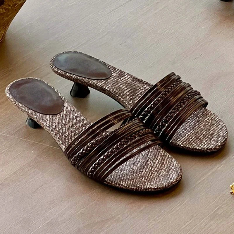 Low Heel Weave Slippers Elegant Open Toe Dress Slides Outdoor Gladiator Shoes