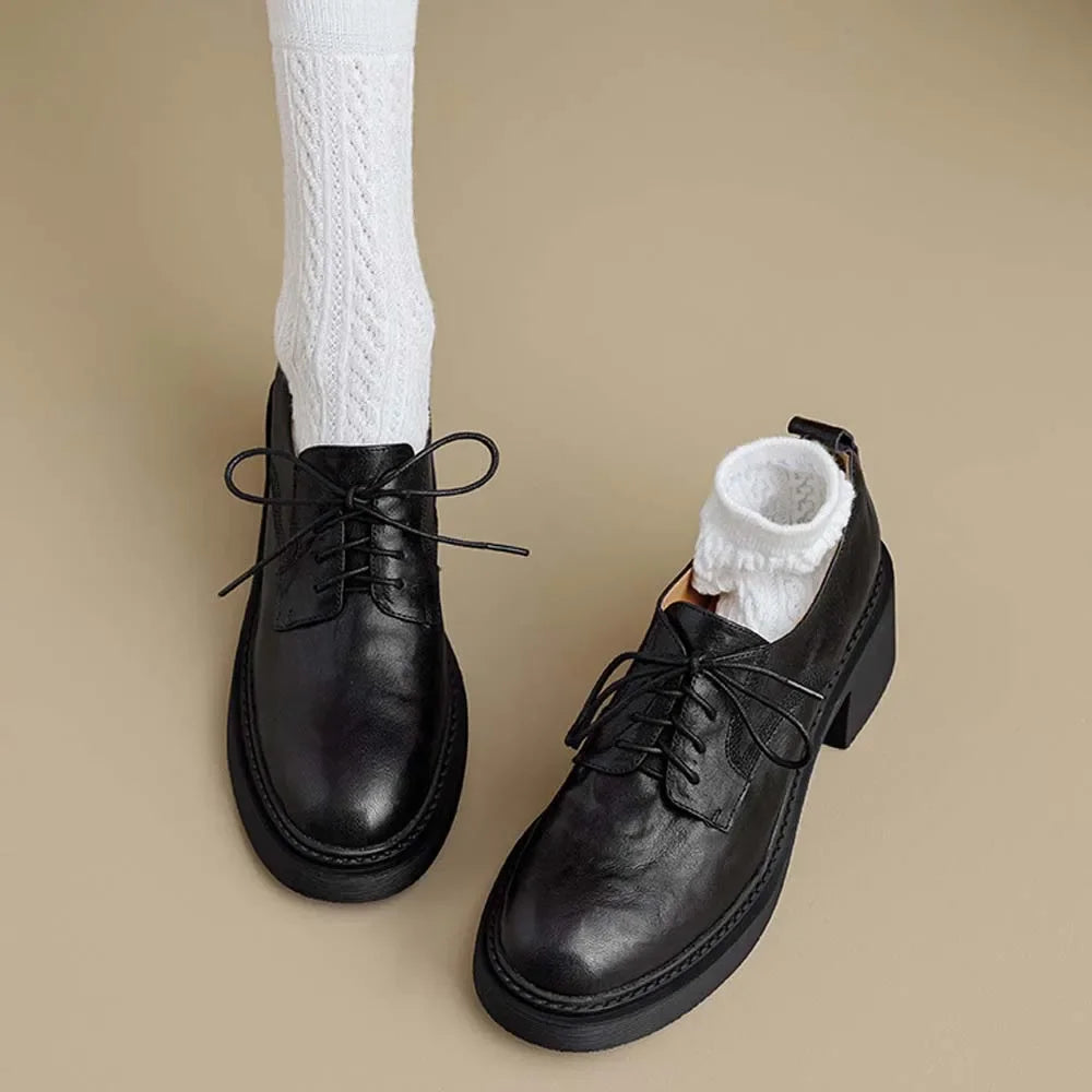 Womens Cowhide Lace Up Flat Shoes Oxford Round Toe Retro British High-Quality Soft Comfortable All Season Daily Shoes