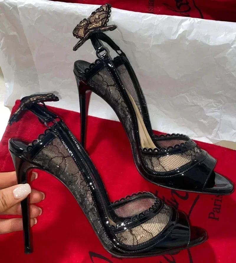Cutout Lace Bowknot Peep Toe Slingback Sandals Thin High Heels Black Patent Leather Party Wedding Shoes