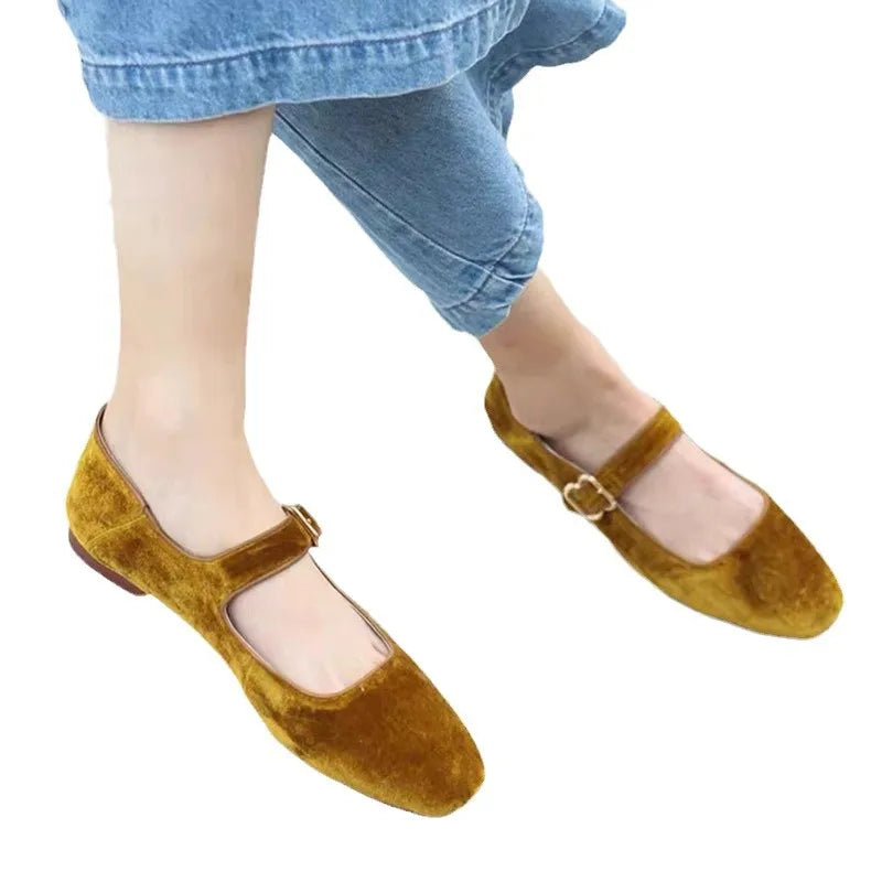 Velvet Mary Janes Belt Strap Shoes Square Toe Flats Ballerina Dress Barefoot Loafers Brides Ballets Femmes