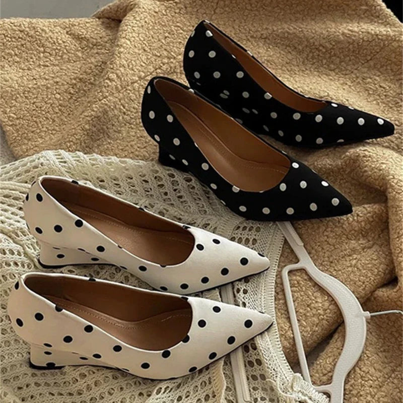 Wedges Heel Mary Jane Shoes Concise Shallow Slip On Shoes Elegant Pointed Toe Dress Polka Dot Pumps