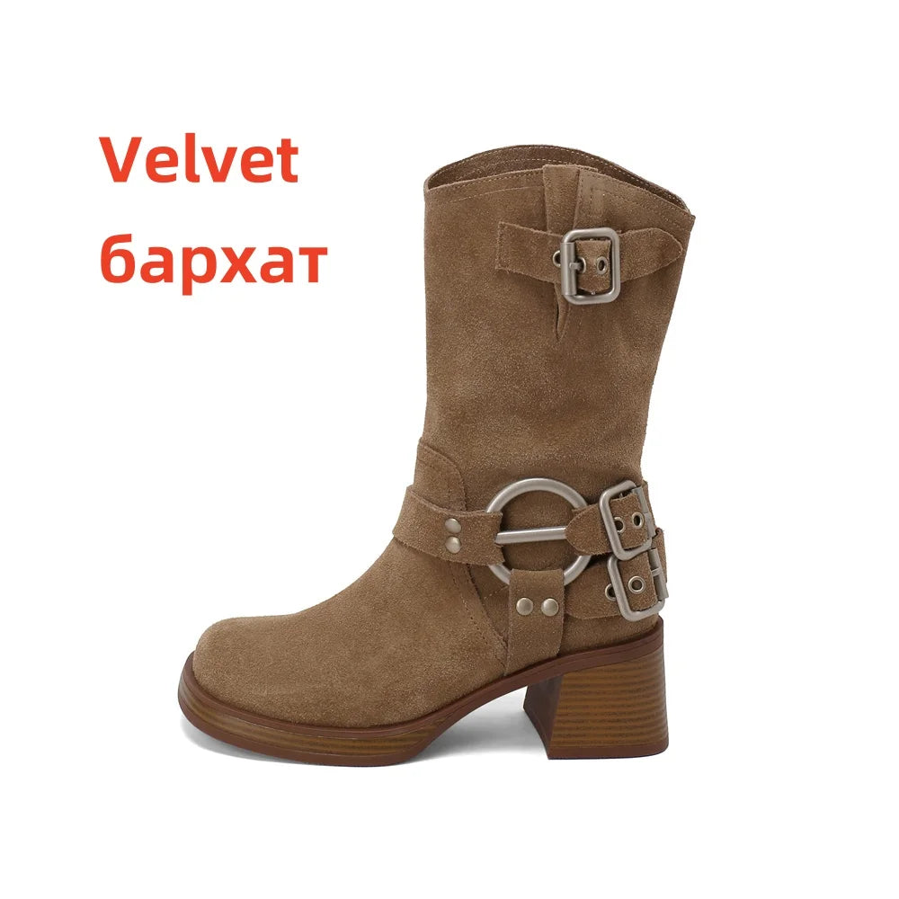 Cow Suede Leather Mid-calf Boots Thick High Heels Warm High Boots Motorcycle Boots Shoes