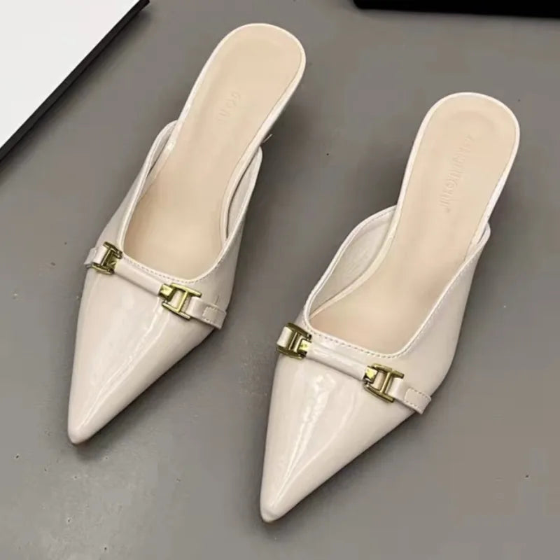Pointed Toe Shoes Leather Shallow Mouth Comfortable Casual High Heel Sandals Slippers35-40