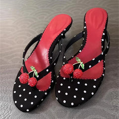 Bohemian Style Polka Dot Round Toe Thin Low Heels Slippers Mules Slides Shoes Crystal Rhinestone Sandals Flip Flops