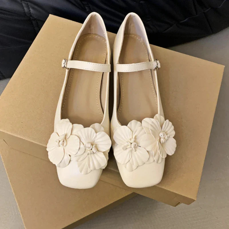 Chunky Heel Flower Mary Jane Shoes Fashions Low Heels Shoes Square Toe Elegant Ballet Shoe Pumps