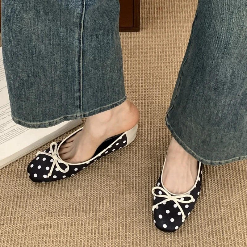 Polka Dot Butterfly-Knot Ballet Flats Round Toe Shallow Comfort Casual Satin Elegant Footwear