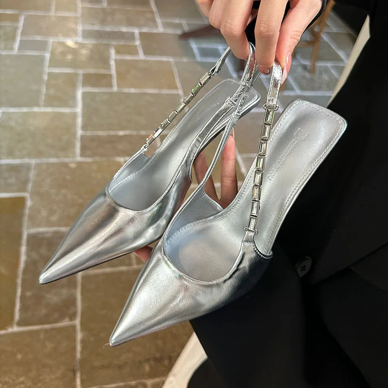 Thin High Heels Sandals Shoes Rhinestones Footwear Pointed Toe Elegant Heeled Sandals Slip On Shoes