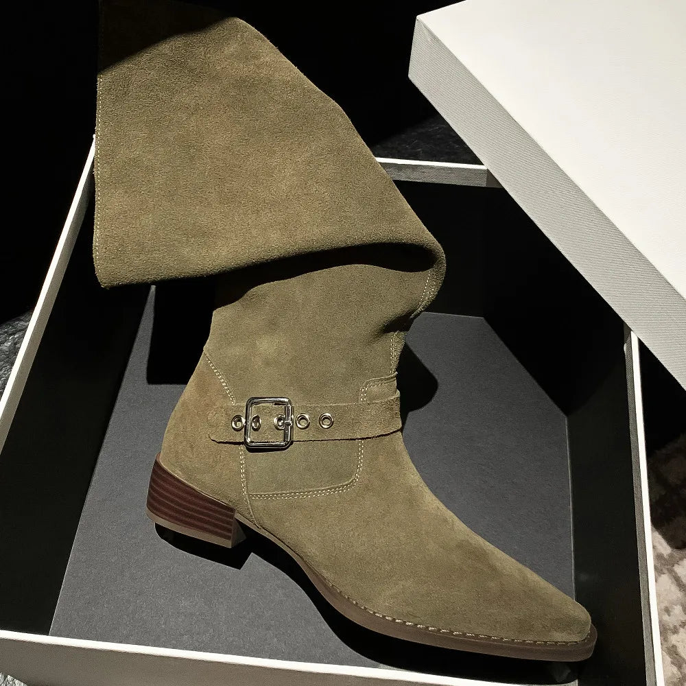 plus size 34-42 natural suede leather flats western boots double metal buckle casual long boots shoes