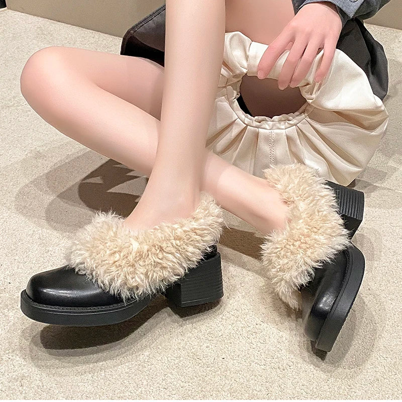 Fur Lining Mary Jane Shoes Elegant Square Toe Slip 2026 Keep Warm Thick Heel Single Shoes