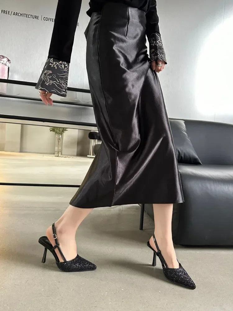 Bling Design Mules Sandals Pointed Toe Thin High Heels Back Strap Banquet Pums