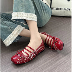 Rivet Ballet Burgundy Mary Jane Flat Shoes Bow Square Head Casual Comfortable Shoes