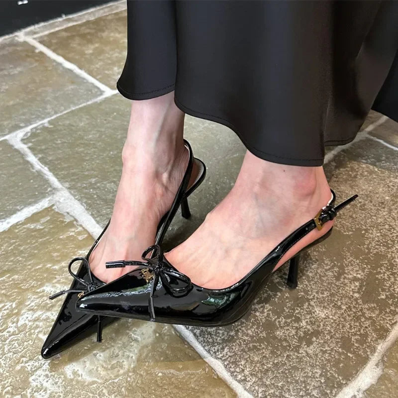 Bow Metal Buckle Design High Heels Pointed Toe Patent Leather Slingback Heeled Sandals Elegant Party Shoes