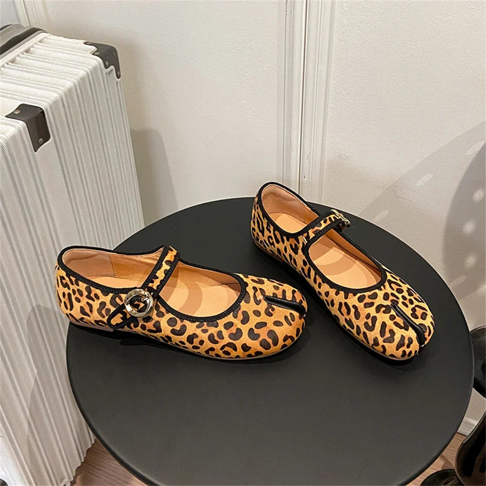 Mary Jane Genuine Leather Shoes Hand Stitch Casual Streetwear Ballet Flats Leopard Red Cute Shoes Loafers