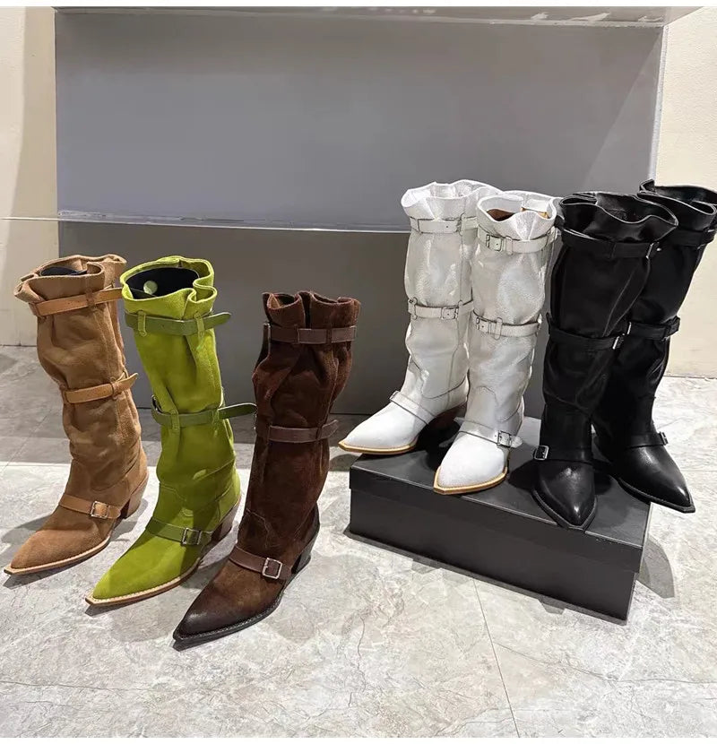 Vintage Pleated Belt Buckle Faux Suede Knee High Boots High heels Western Cowboy Knight Boots Shoes
