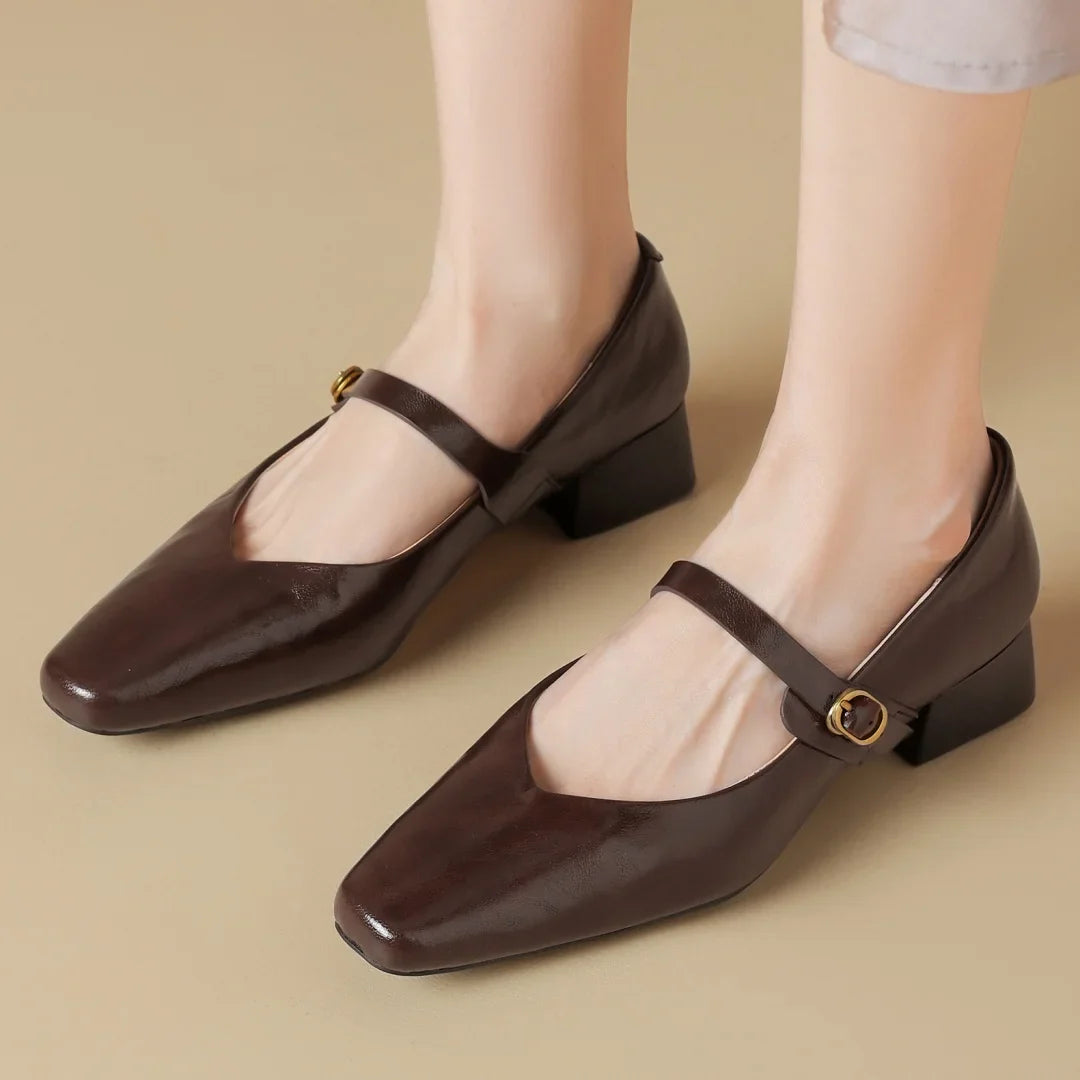 genuine leather square toe Slip-on Mary Jane pumps 4cm thick low heel elegant daily dress heeled shoes