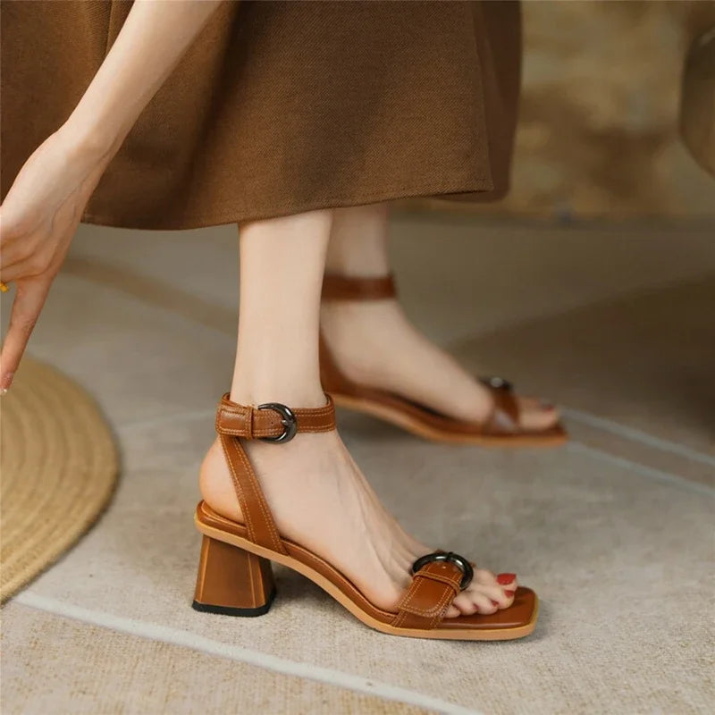Shoes Square Toe Chunky Heel Cow Leather High Heels Solid Band Shoes Casual Black Shoes