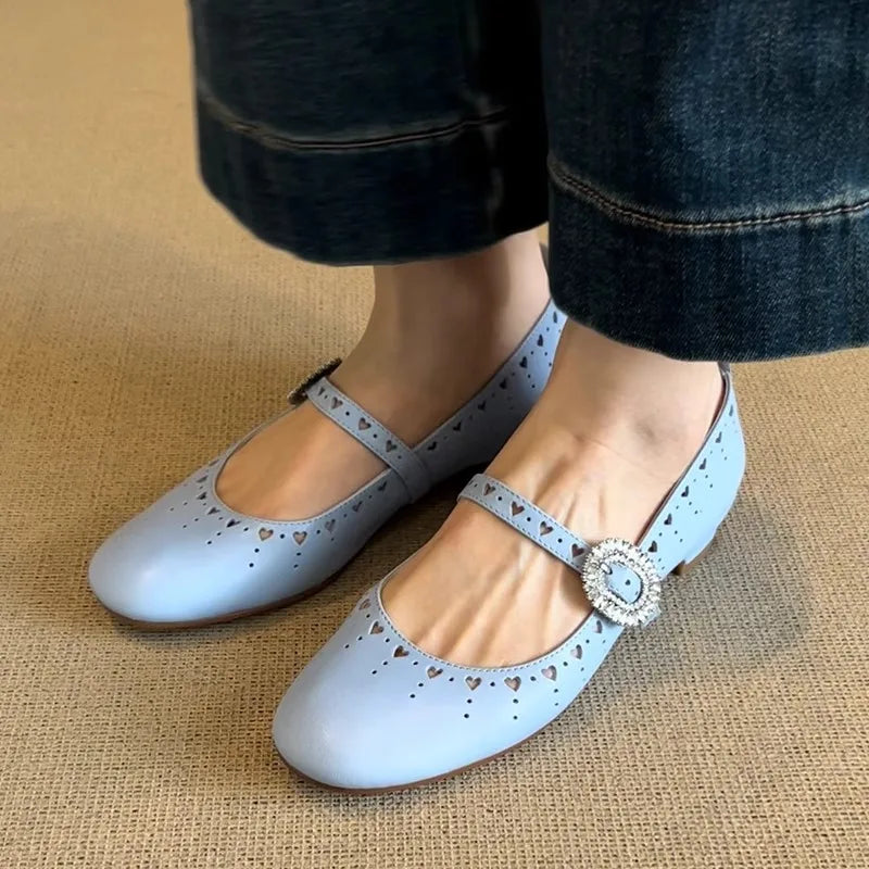 Retro Rhinestone Buckle Ballet Flas Hollow Comfort Shallow Soft Sole Round Toe Mary Jane Shoes