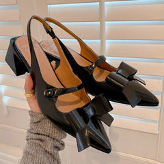 genuine leather thick high heel pointed toe slip-on pumps sweet bowtie korean style heeled sandals shoes