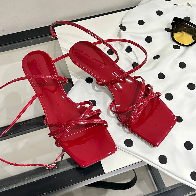 Cross-tied Low Heel Sandals Shoes Shallow Square Toe Footwear Heeled Shoes Sandals Pumps