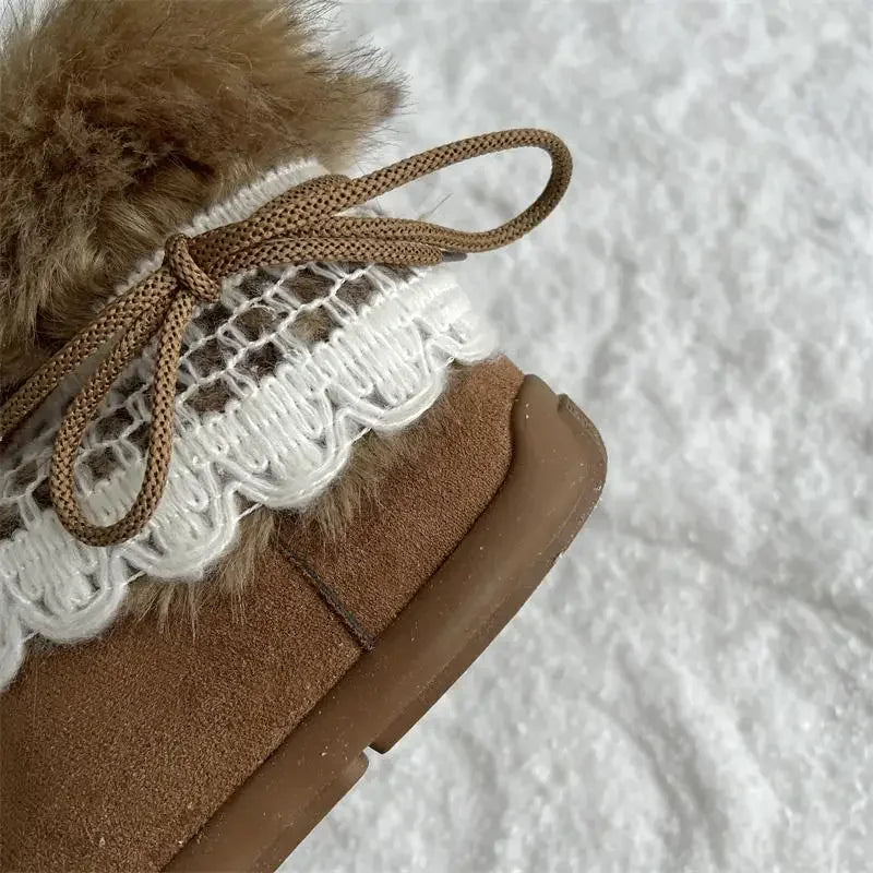 Sweet Lace Decoration Furry Suede Snow Boots Thick Bottom Fluffy Fur Ankle Boots Warm Plush Shoes