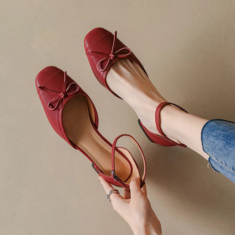 Sweet Retro Butterfly Knot Genuine Leather Thick Heels Ankle Strap Shoes Woman Party Wedding