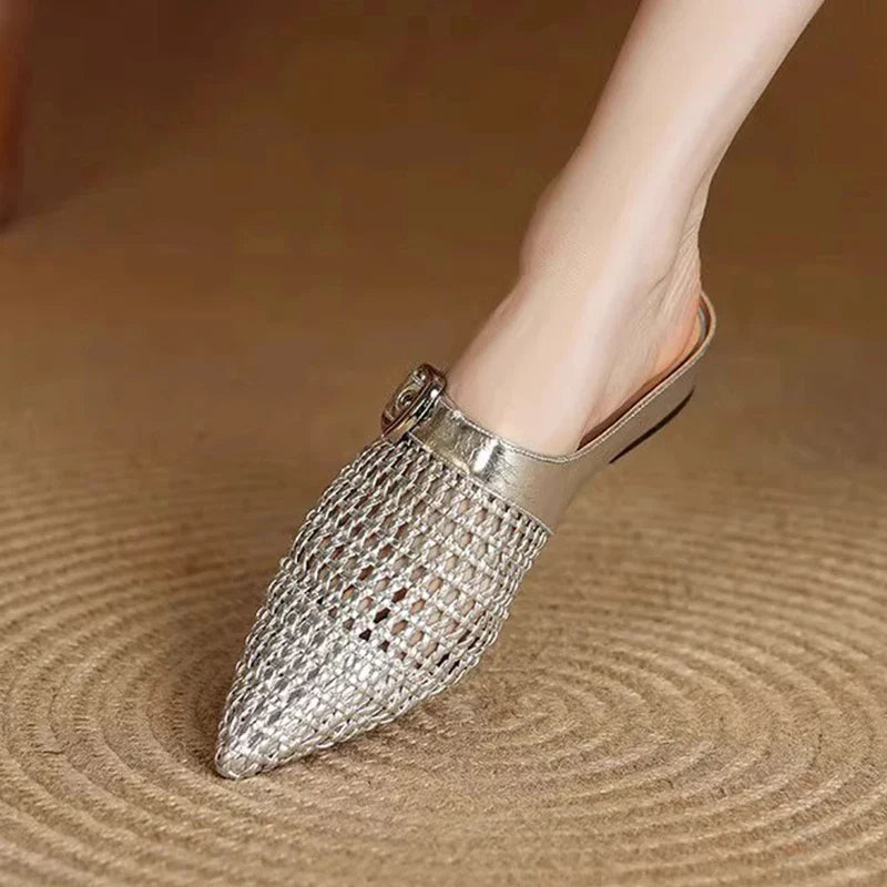 Weave Pointed Toe Slippers Flats Mules Shoes Dress Slingback Shoes Casual Flip Flops De Woman
