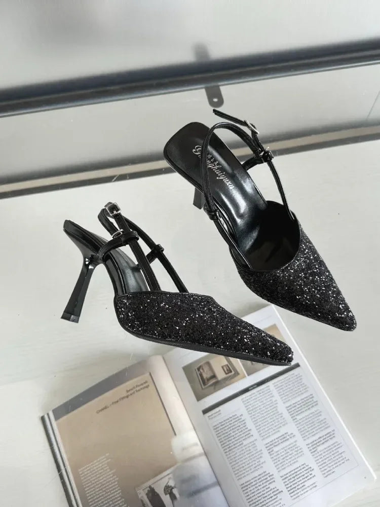 Bling Design Mules Sandals Pointed Toe Thin High Heels Back Strap Banquet Pums