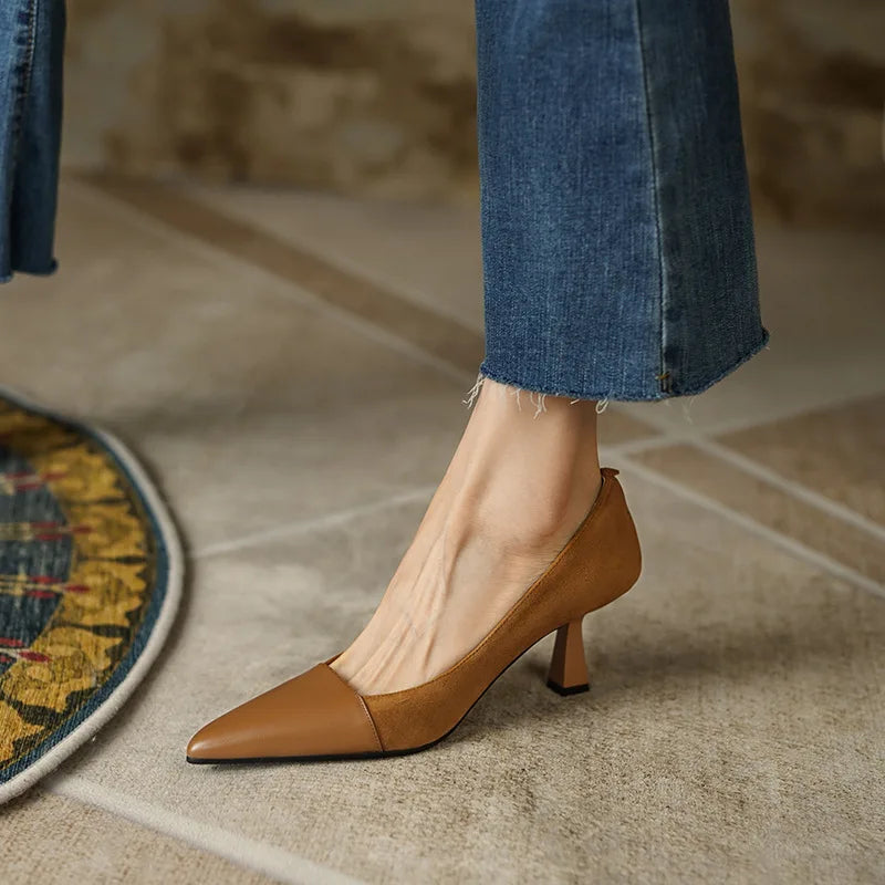 Splicing Shallow Mouth Single Shoes French Pointed Toe Temperament High Heels